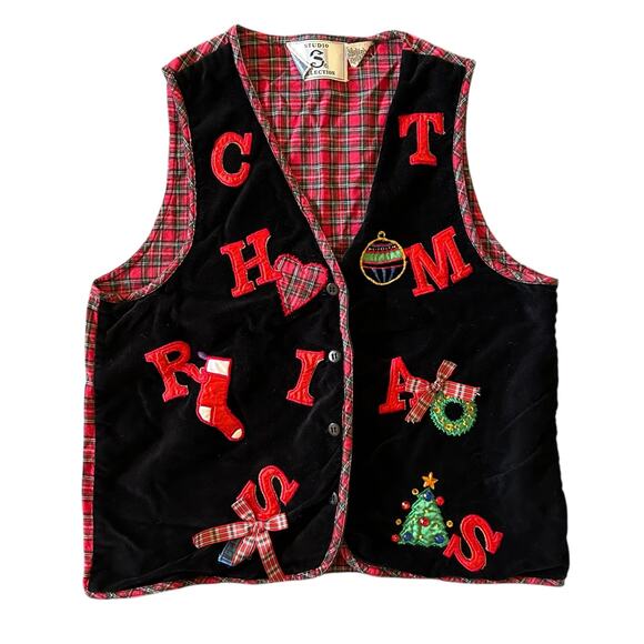 Vtg 90s Black Red Velvet Christmas Vest Womens Medium Plaid Embroidered Textured - Picture 1 of 6
